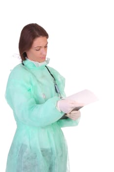 healthcare worker with documents on white background