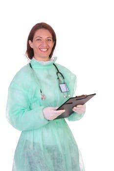 healthcare worker with documents on white background