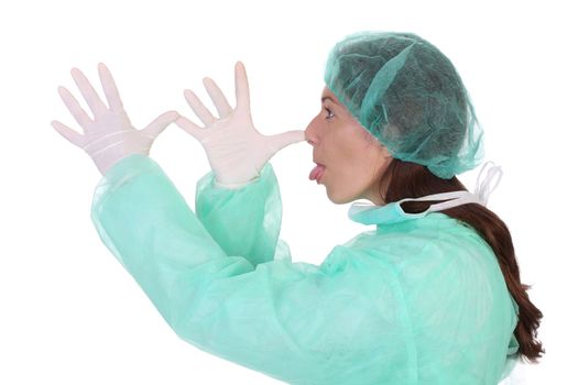 funny healthcare worker gesture effrontery on white background