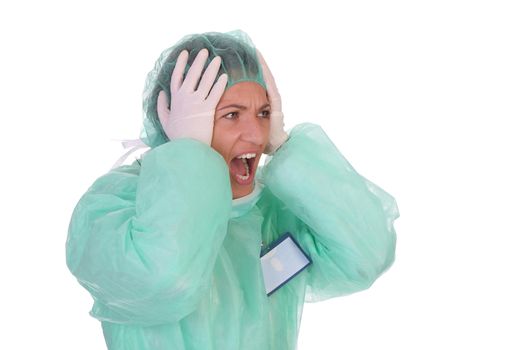 shouting shocked healthcare worker on white background