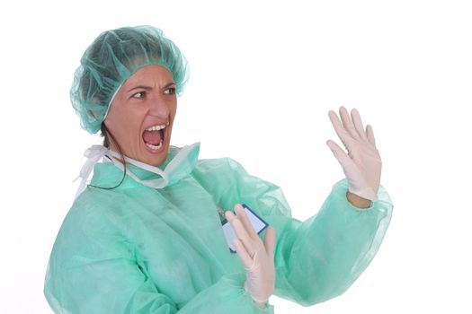 shouting shocked healthcare worker on white background