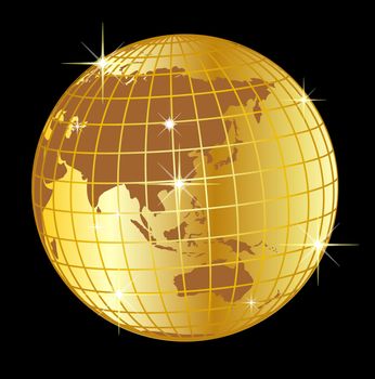 illustration of a golden globe asia and australia on black background