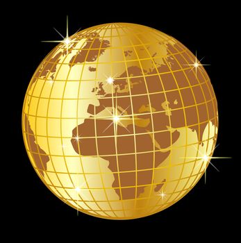 illustration of a golden globe europe and africa on black background
