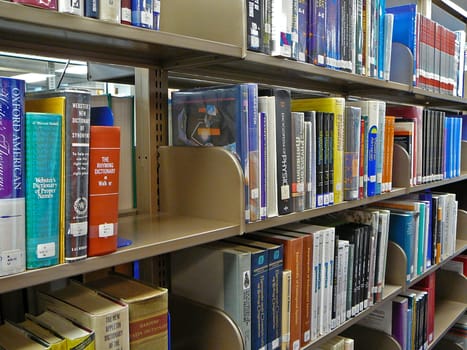 Books on library shelves