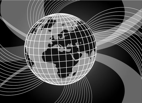 illustration of an abstract black background with swirls and globe