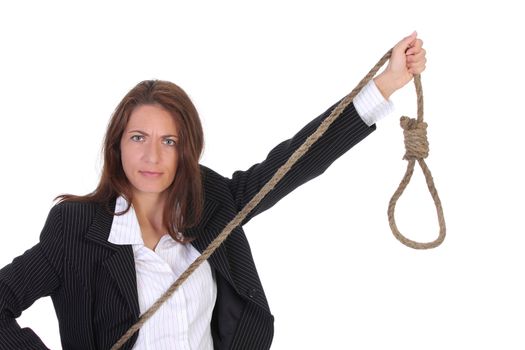 young businesswoman with gallows on white background