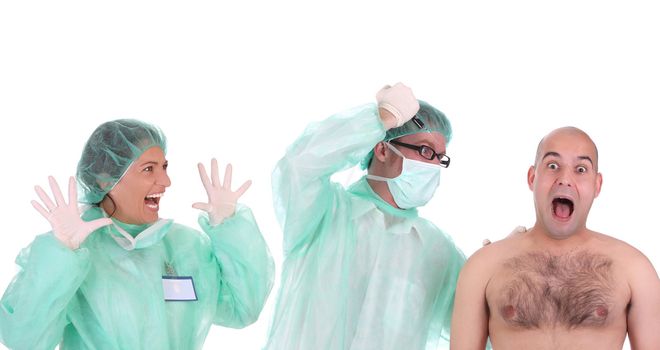 aggressive surgeon injecting a scare patient and shouting shocked healthcare worker