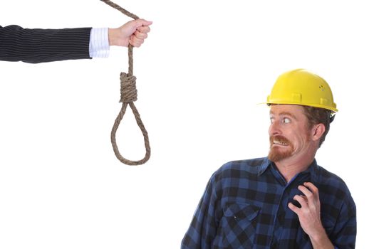 confused construction worker looking at gallows on white background