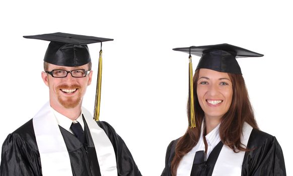 two successful student in graduation gowns on white background