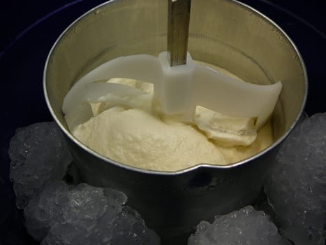 Homemade vanilla ice cream still in freezer
