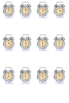 group of alarm clock with times 12 clock on white background