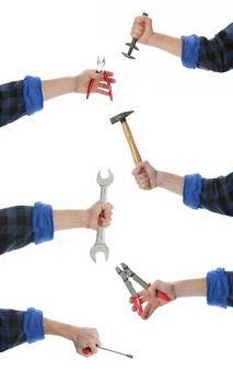 Composition of hand and tool on white background