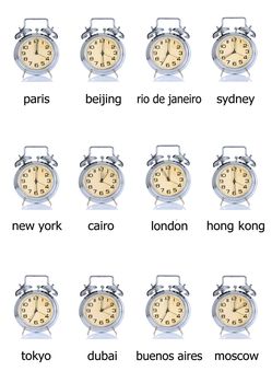 group of alarm clock with times 12 clock and 12 cities