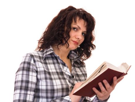 woman with book isolated on white background