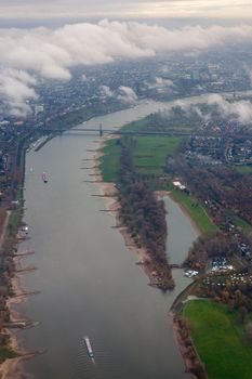 Aerial view of rhine at Dusseldorf, Germany, Europe