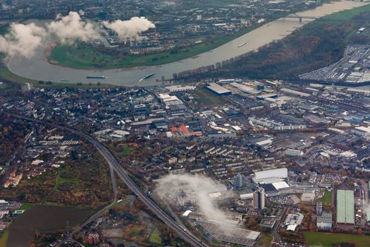 Aerial view of rhine at Dusseldorf, Germany, Europe