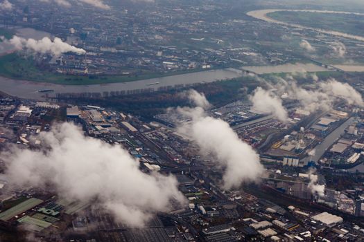 Aerial view of rhine at Dusseldorf, Germany, Europe