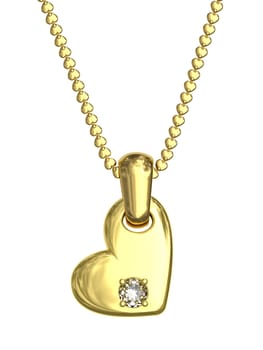 Gold pendant in shape of heart with diamond on chain isolated on white. High resolution 3D image