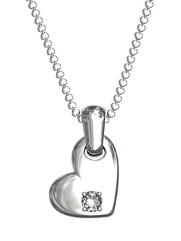 Platinum or silver pendant in shape of heart with diamond on chain isolated on white. High resolution 3D image