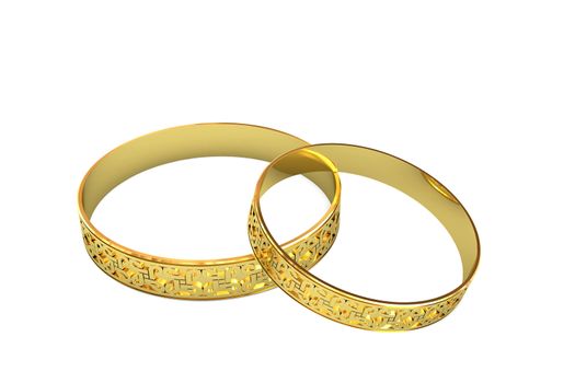 Golden wedding rings with magic tracery isolated on white. High resolution 3D image