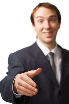 Happy young business man hand shake with focus on the hand, isolated over white