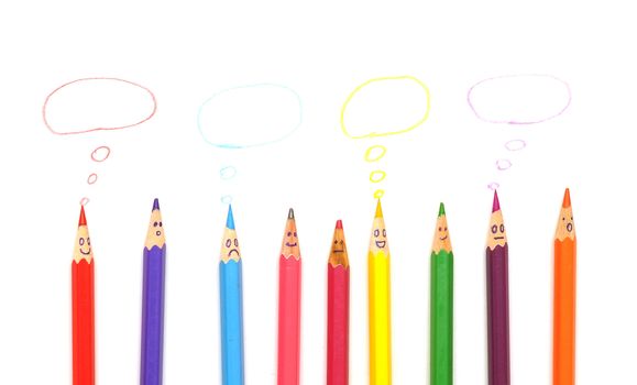 Happy group of pencil faces as social network with speech bubbles