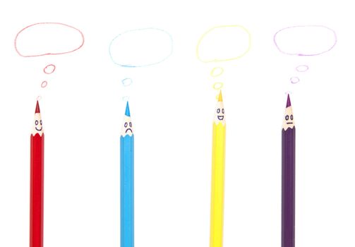 Happy group of pencil faces as social network with speech bubbles