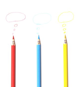 Happy group of pencil faces as social network with speech bubbles 