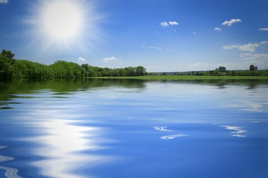 A scene of a lake and a garden under a blue clean sky