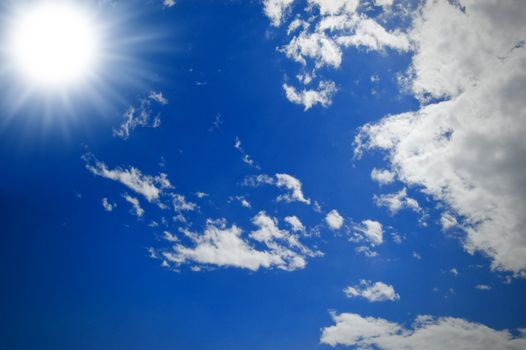 A blue sky with some white clouds and a clear sun