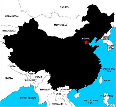 a map of china in black and color with neighbours
