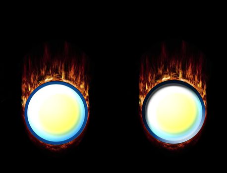 Two burning buttons with high-resolution flames