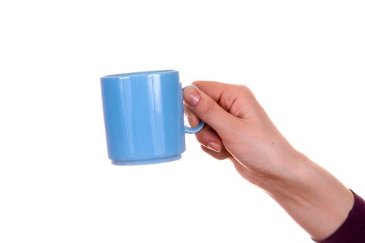 hand with mug isolated on white background