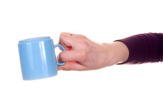 hand with mug isolated on white background