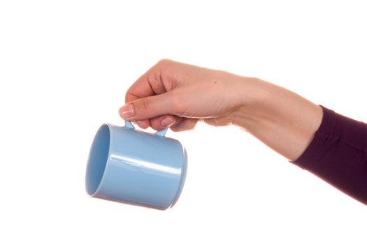 hand with mug isolated on white background