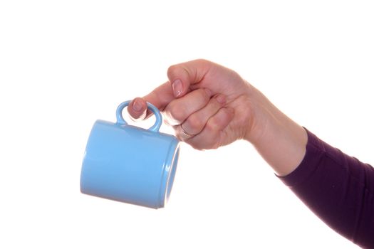 hand with mug isolated on white background                            