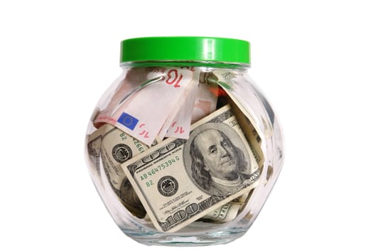 dollars and euro in glass bank(clipping path included)                              