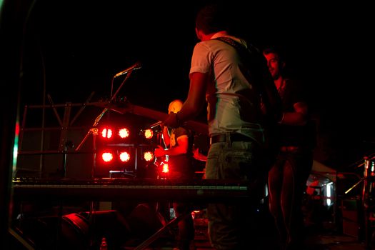 Electric bass-guitar player during a concert