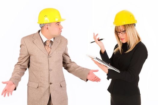 angry businesswoman and architect with architectural plans