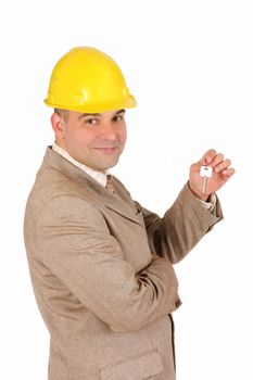 A businessman with keys on white background