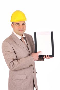 A businessman with documents on white background