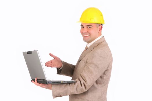 A Businessman with laptop computer on white background