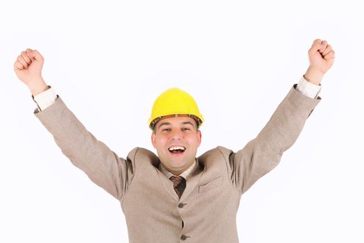 businessman with happy hands raised on white background