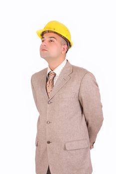 A Businessman looking up on white background