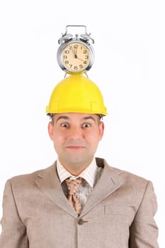 confused a businessman clock alarm on his head 