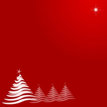 Abstract illustration with four white Christmas trees running from lower left, and one star at top right.  Red gradient background provides copy space.