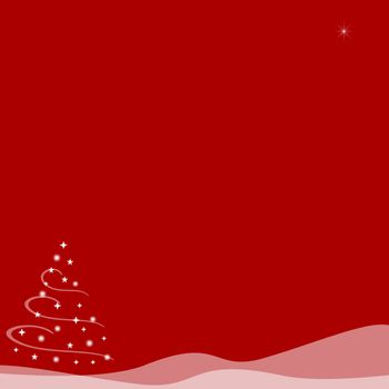 Abstract illustration of of a Christmas tree made from stars and surrounded by swirls of white on top of snow hills created with transparency.  A single star shines in the sky.  Red background.  Copy space.