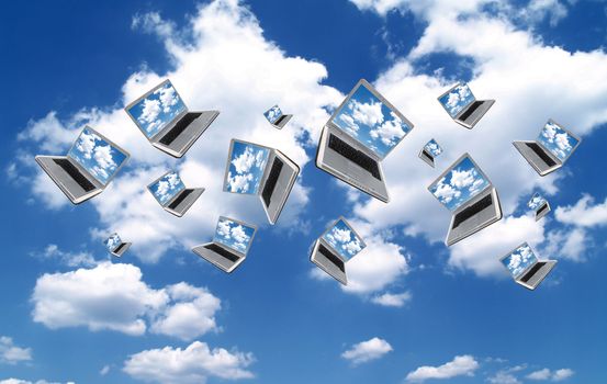 Many Laptops are flying with clouds