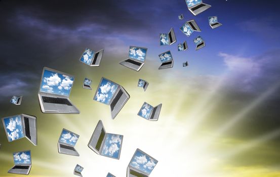 Many Laptops are flying with clouds