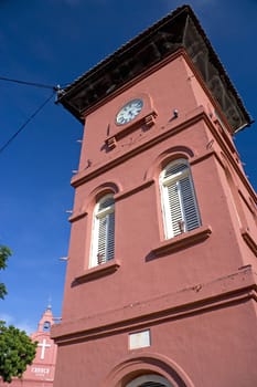 Dutch era clock tower built in the 18th century, located at the UNESCO World Heritage site of Malacca, Malaysia.